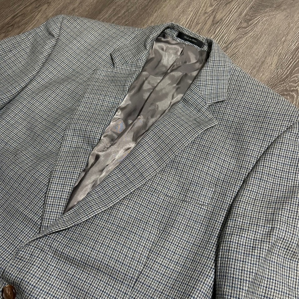 Lauren Ralph Lauren Blazer 44L Grey Blue Silk Wool Houndstooth Sport Coat